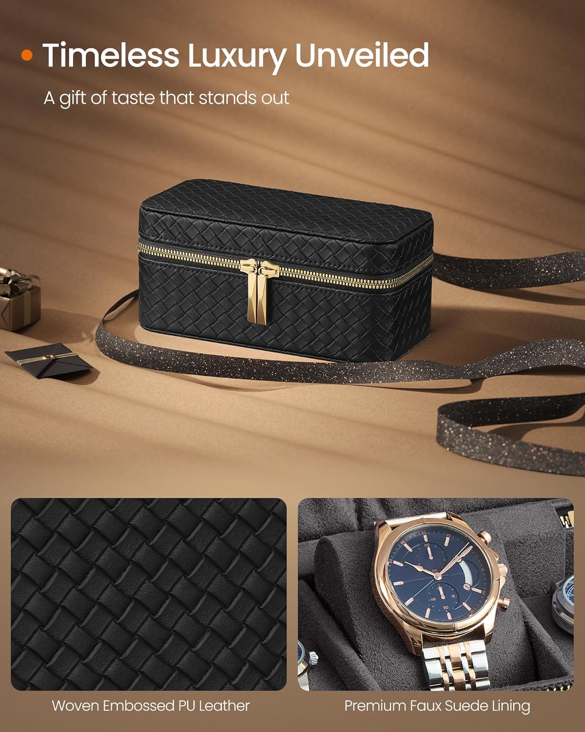 SONGMICS HOME RONNE Collection - 3-Slot Watch Travel Case, Watch Box for 3 Watches, Woven Embossed PU Leather, 10 x 20 x 9 cm, Gift Idea, Ink Black Surface, Slate Grey Lining JWB017G01-2