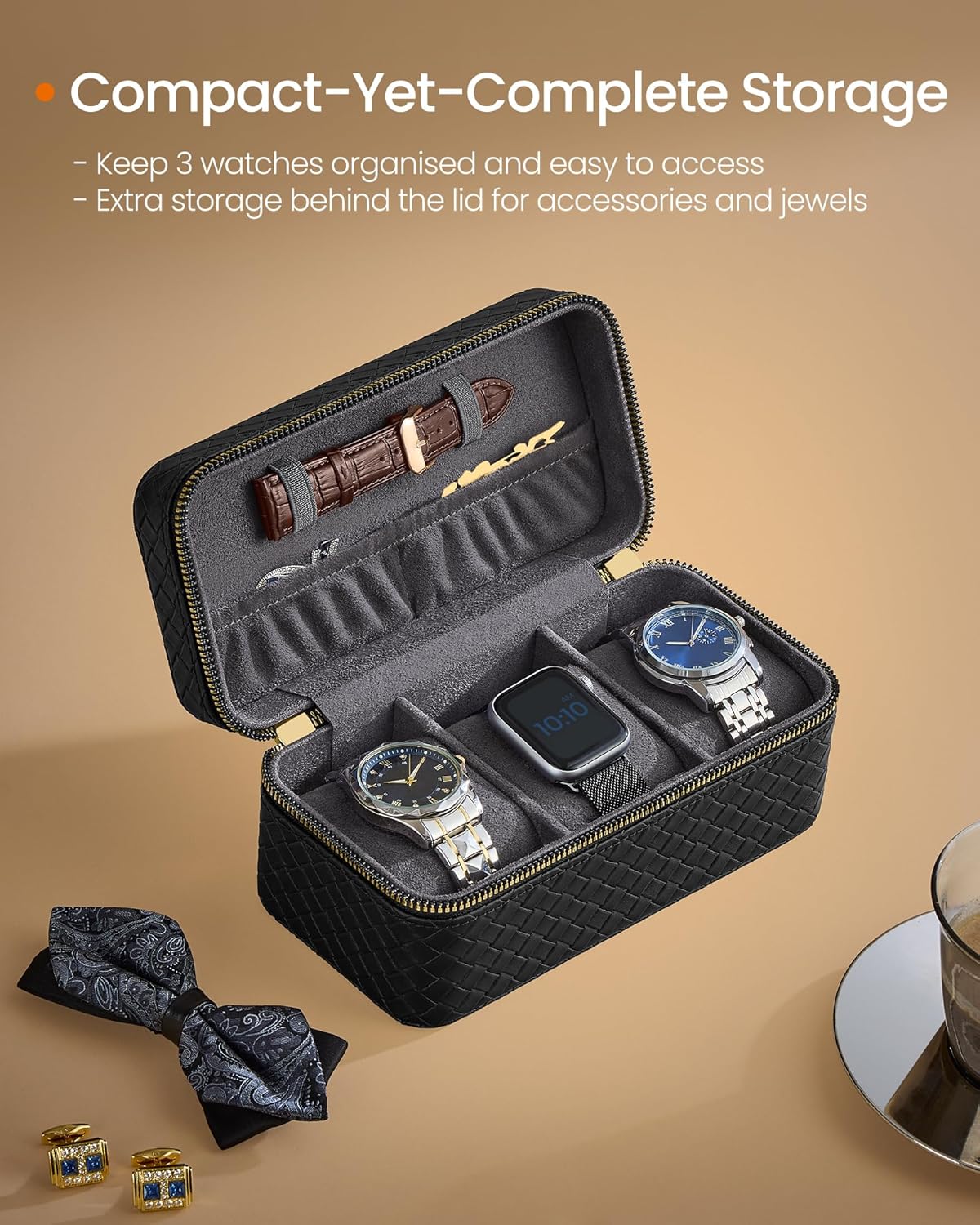 SONGMICS HOME RONNE Collection - 3-Slot Watch Travel Case, Watch Box for 3 Watches, Woven Embossed PU Leather, 10 x 20 x 9 cm, Gift Idea, Ink Black Surface, Slate Grey Lining JWB017G01-3