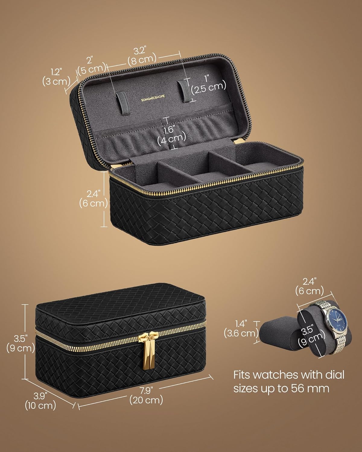 SONGMICS HOME RONNE Collection - 3-Slot Watch Travel Case, Watch Box for 3 Watches, Woven Embossed PU Leather, 10 x 20 x 9 cm, Gift Idea, Ink Black Surface, Slate Grey Lining JWB017G01-4