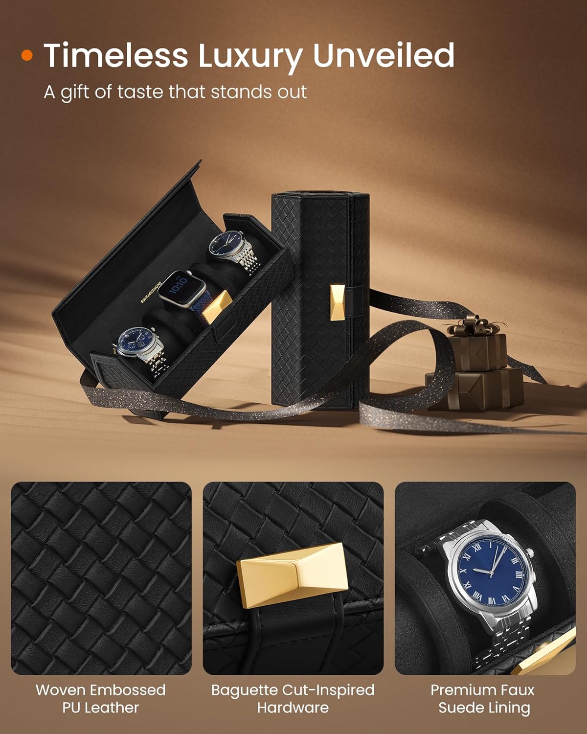 SONGMICS HOME RONNE Collection - 3 Watch Travel Case, Hexagon Watch Roll, Woven Embossed PU Leather, Watch Organiser with Hidden Storage, 9.8 x 21.2 x 8.7 cm, Gift Idea, Ink Black JWB027B01-2