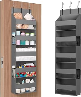 Lifewit 1 Pack Over the Door Organizer, 5 Shelf Clear Window Hanging Storage with 4 Mesh Side Pockets, Anti Tilt 40 lbs Load Behind Door for Pantry, Nursery, Bathroom, Bedroom, Kitchen, Dorm, Grey