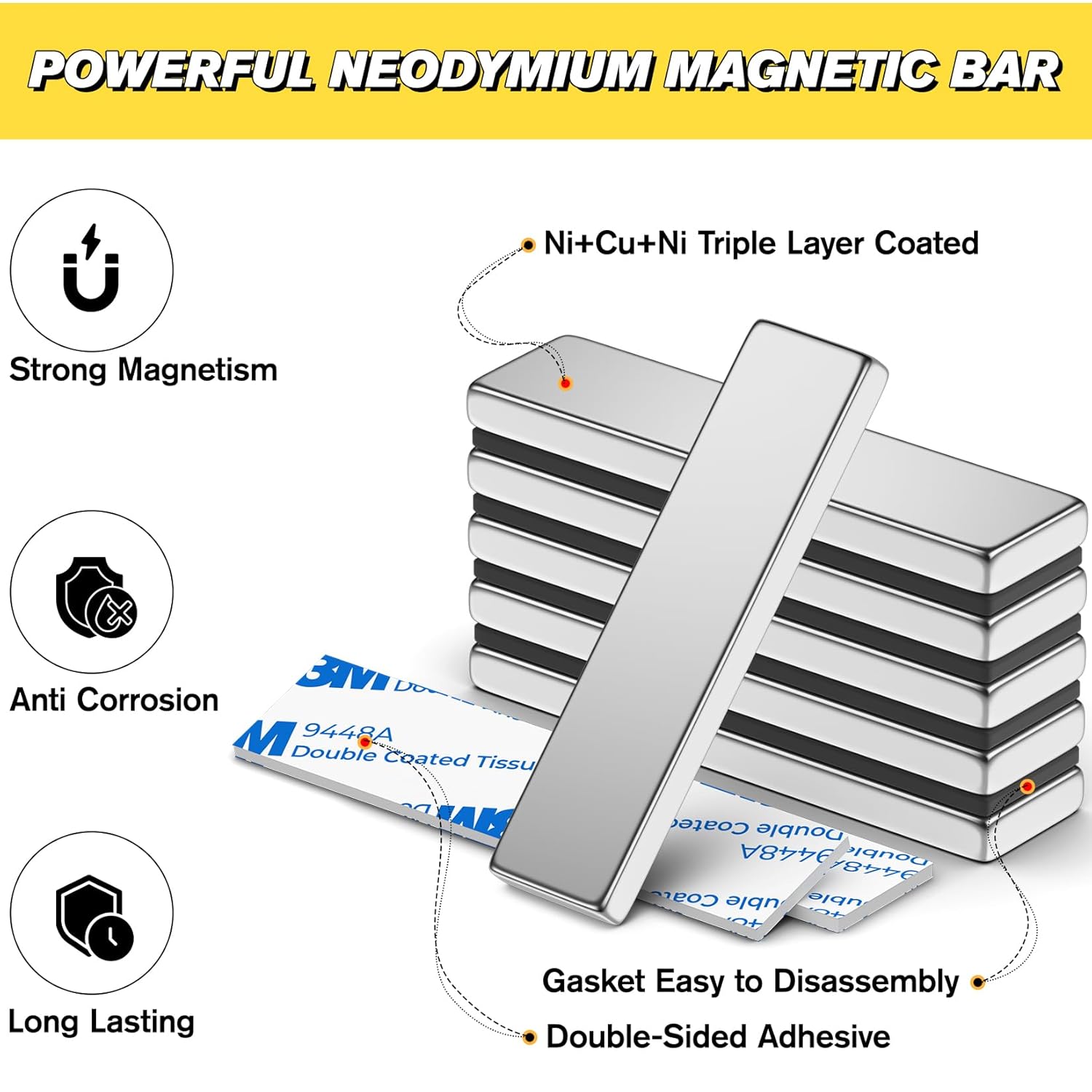 FINDMAG 6 Pack Super Strong Neodymium Bar Magnets Heavy Duty, Large Flat Magnetic Strips, Powerful Permanent Rare Earth Magnets with Double-Sided Adhesive Ideal for Classroom, DIY Projects-40x10x3mm-2