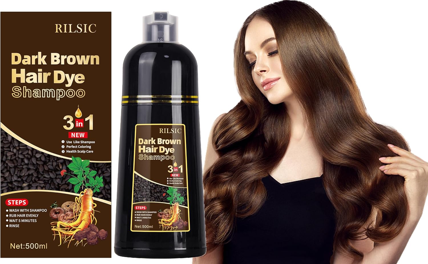 Dark Brown Hair Dye Shampoo, 500ML Instant Hair Colour Shampoo 3 in 1,Hair Color Shampoo for Grey Hair Beard Coverage, Long Lasting-Natural, Hair Dye Black Hair Dye Coloring in Minutes for Women Men-0