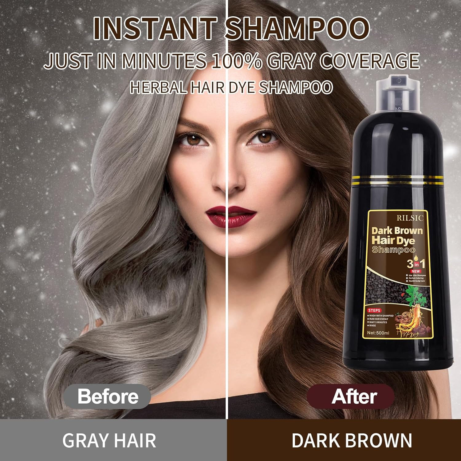 Dark Brown Hair Dye Shampoo, 500ML Instant Hair Colour Shampoo 3 in 1,Hair Color Shampoo for Grey Hair Beard Coverage, Long Lasting-Natural, Hair Dye Black Hair Dye Coloring in Minutes for Women Men-1