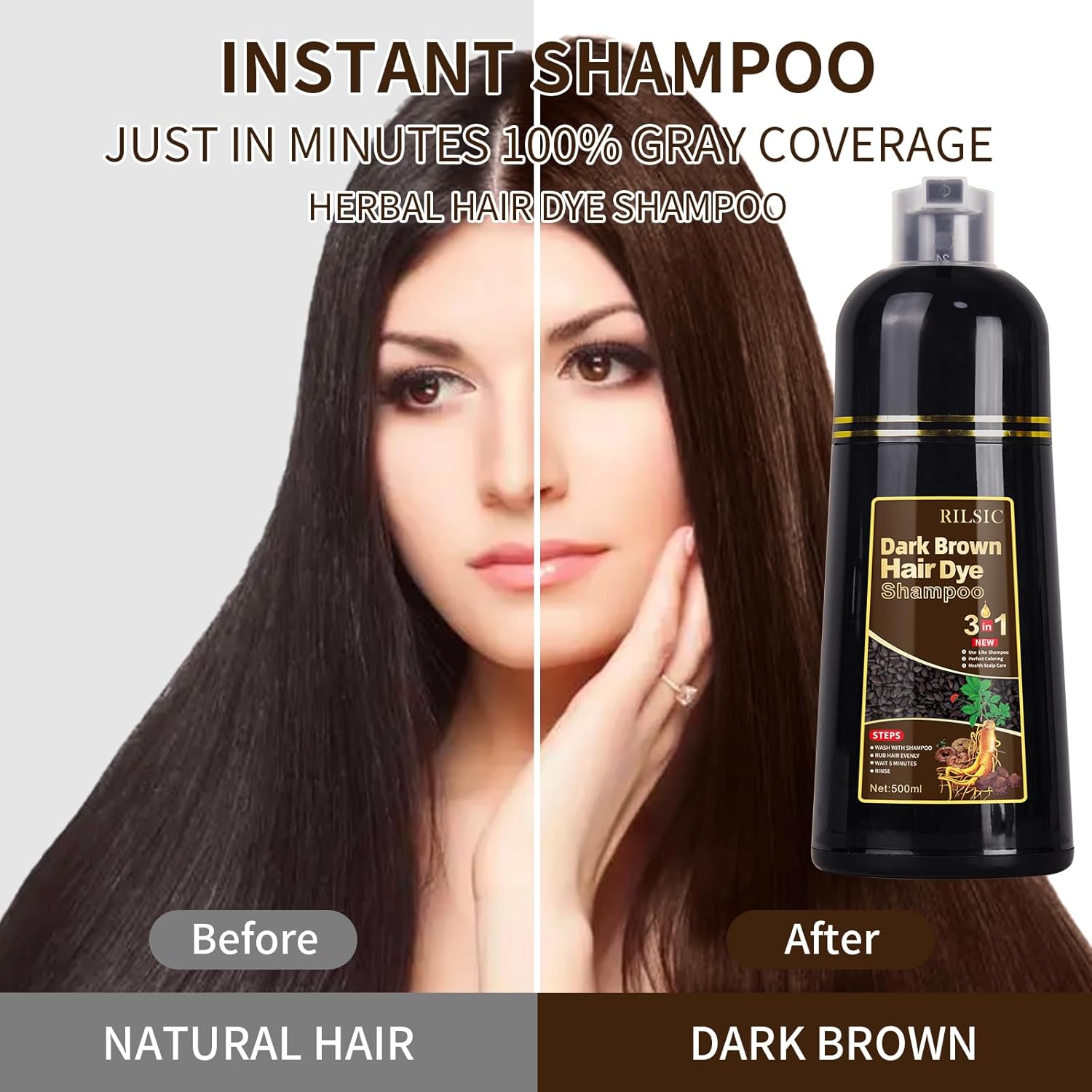 Dark Brown Hair Dye Shampoo, 500ML Instant Hair Colour Shampoo 3 in 1,Hair Color Shampoo for Grey Hair Beard Coverage, Long Lasting-Natural, Hair Dye Black Hair Dye Coloring in Minutes for Women Men-2