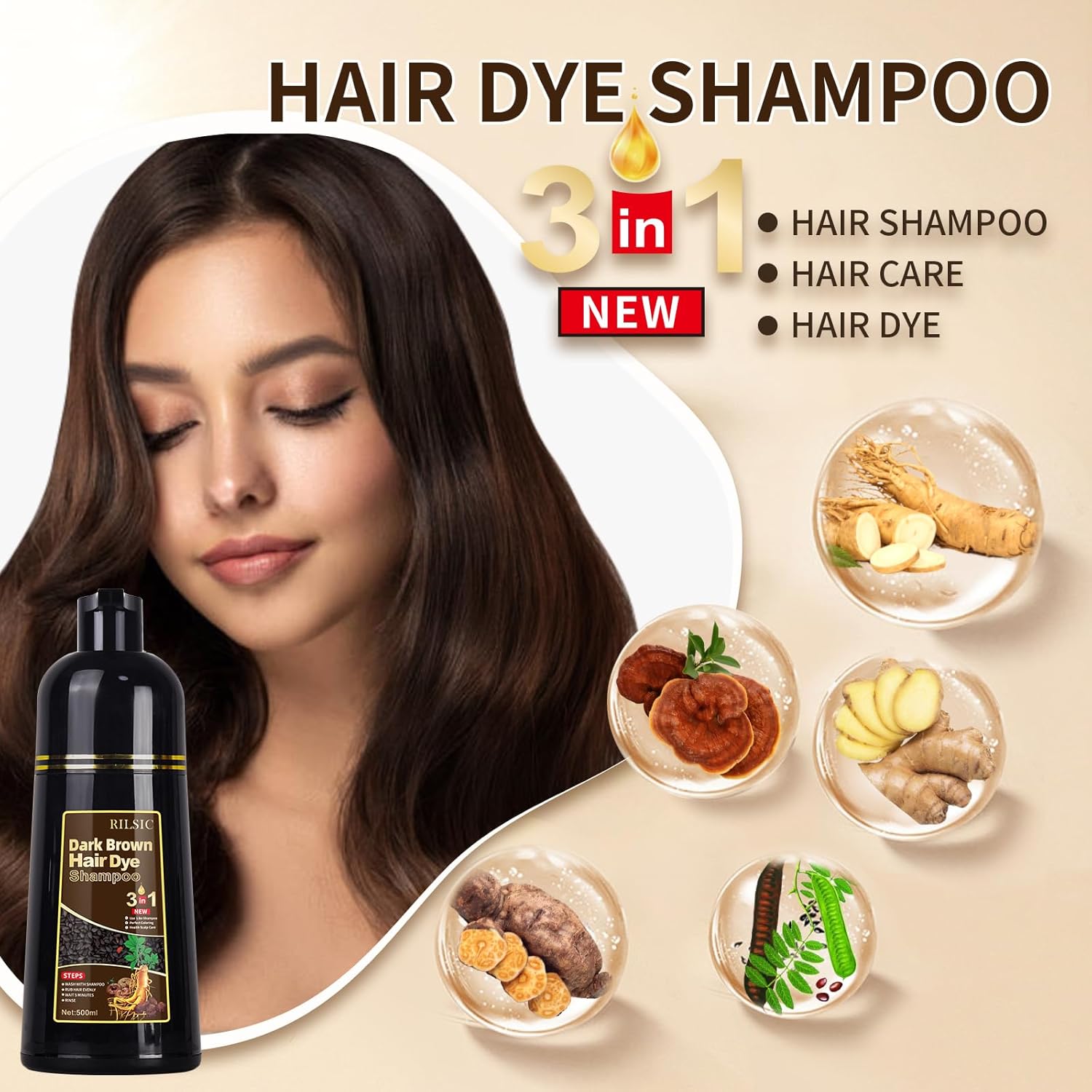 Dark Brown Hair Dye Shampoo, 500ML Instant Hair Colour Shampoo 3 in 1,Hair Color Shampoo for Grey Hair Beard Coverage, Long Lasting-Natural, Hair Dye Black Hair Dye Coloring in Minutes for Women Men-3