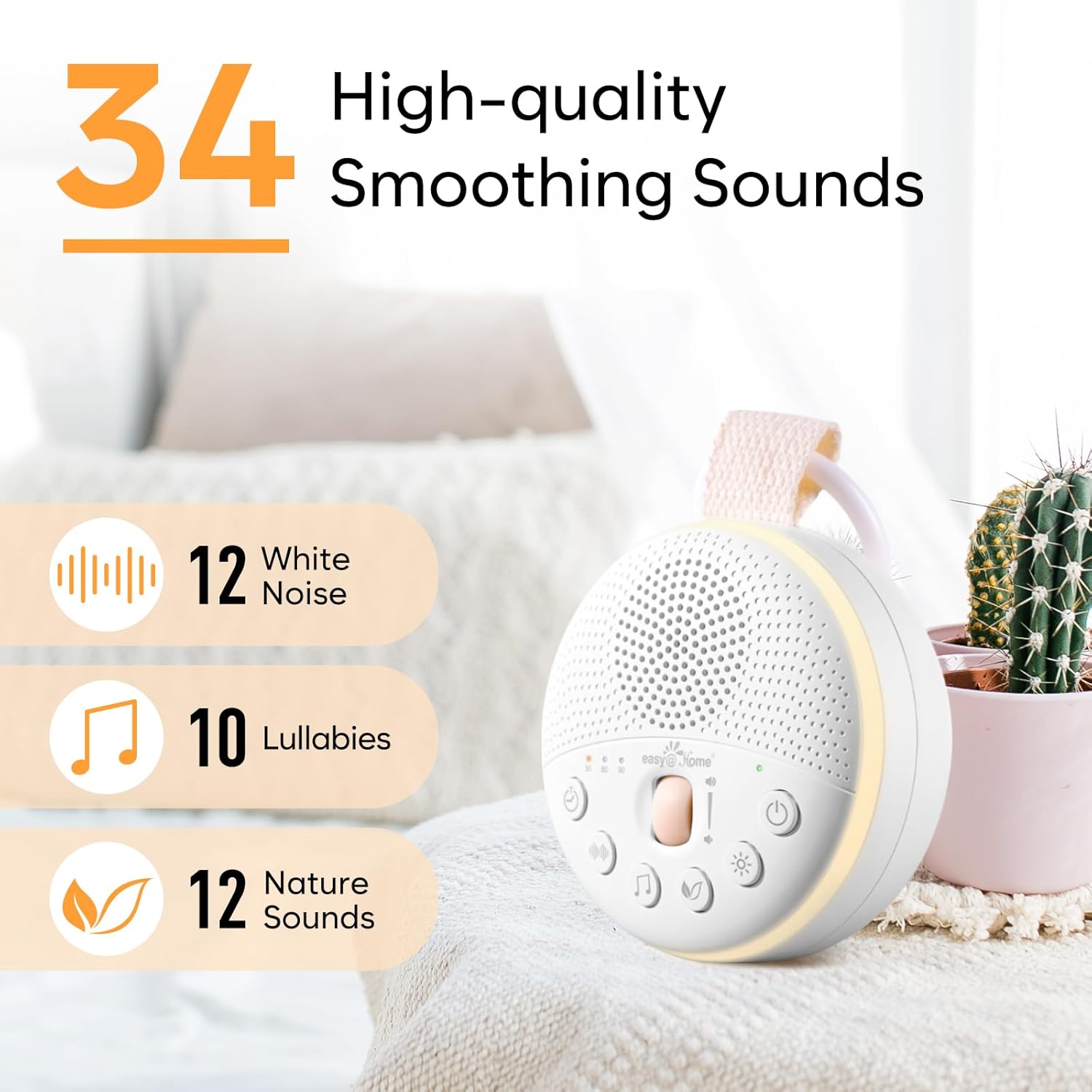 Easy@Home White Noise Machine: Portable Baby Sound Machine 34 Soothing Lullabies & Nature Sounds | 3 Timer Set | Night Light | Baby Essentials for Newborn | High Exact Roller Volume Control & USB-1