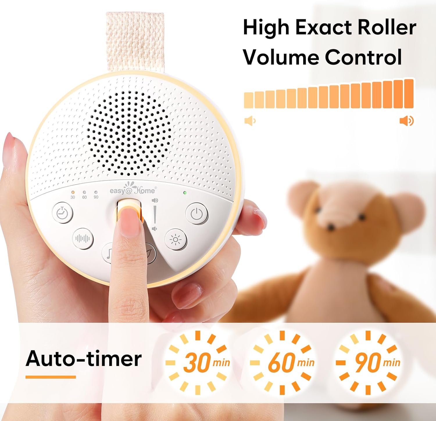 Easy@Home White Noise Machine: Portable Baby Sound Machine 34 Soothing Lullabies & Nature Sounds | 3 Timer Set | Night Light | Baby Essentials for Newborn | High Exact Roller Volume Control & USB-3