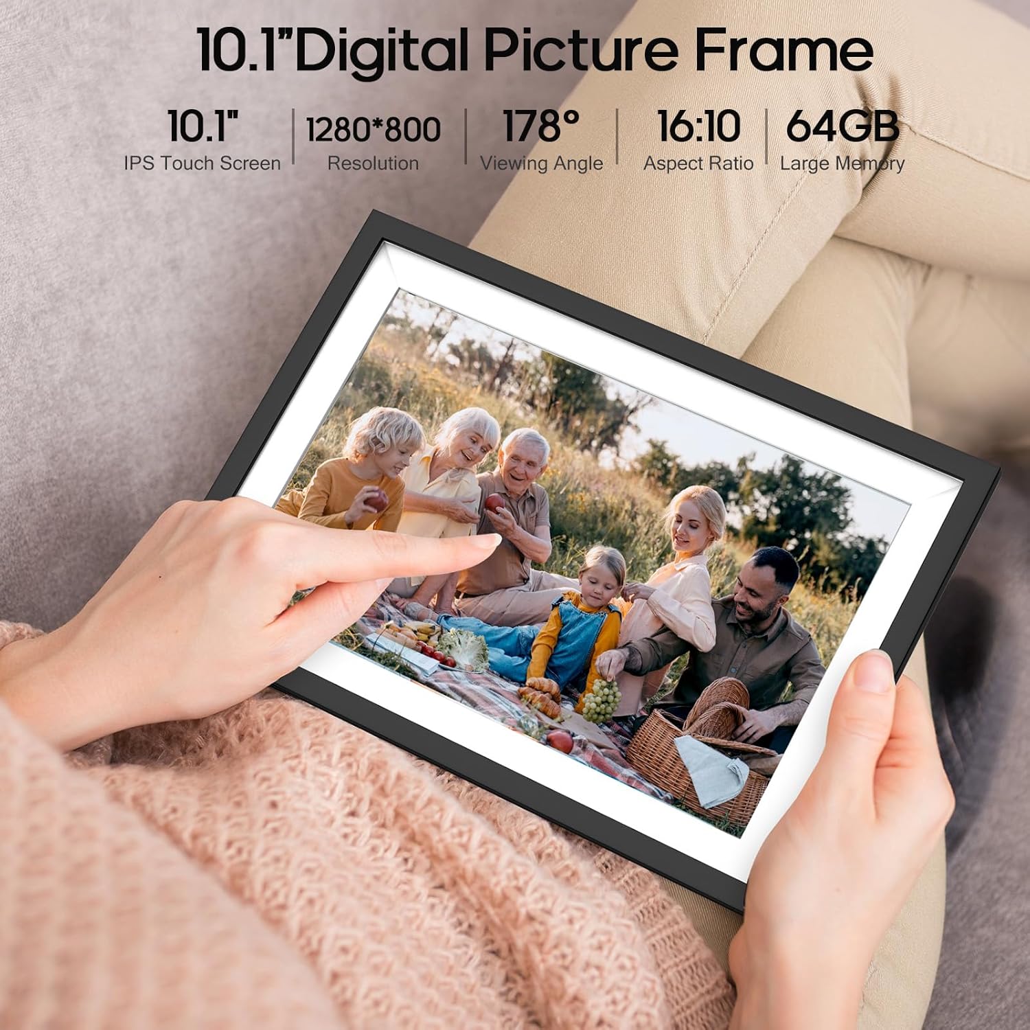 64GB Digital Photo Frame,10.1 inch Frameo Digital Picture Frame WiFi, 1280x800 IPS LCD Touchscreen,Auto-Rotate,Slideshow Display, Share Photo or Video Instantly, Best Present for Friends and Family-3