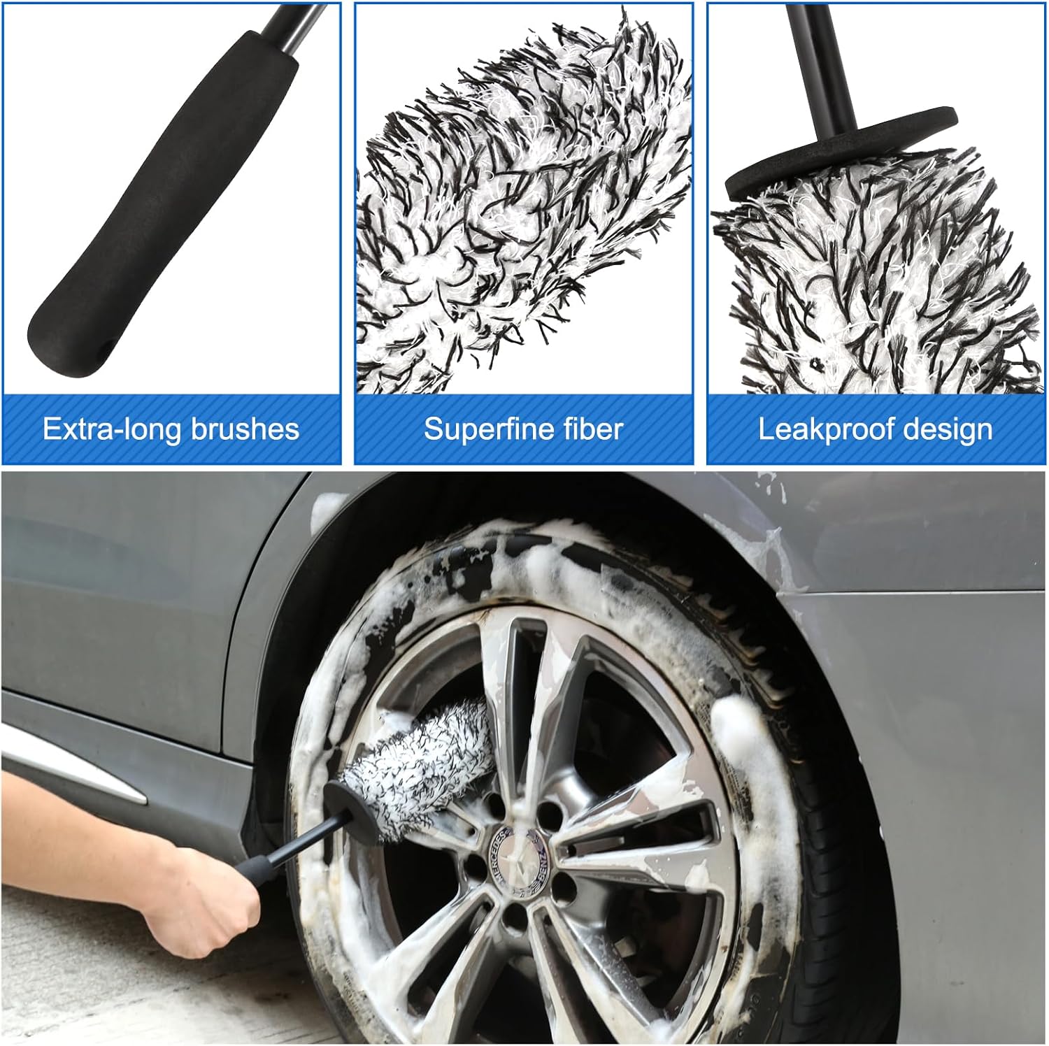 Oiiurly Car Cleaning Kit 13 Pcs Car Washing Set with 40cm Extra Long Alloy Wheel Brush Ddetailing Brushes Tyre Brush Car Wash Mitt Interior & Exterior Cleaning Accessories for Car Motorcycle Bike-2