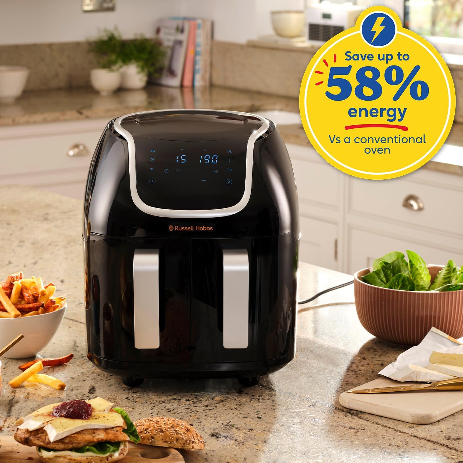 Russell Hobbs Dual Basket Air Fryer [2 x 4.25L baskets, 8 pre-set cooking functions, SmartSync setting so foods finish at the same time, 2 Non-stick crisper plates included] 27290s-1