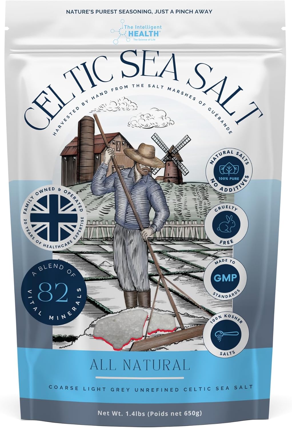 The Intelligent Health - Celtic Sea Salt, Premium Organic, Rich in 82+ Minerals,Unrefined and Hand-Harvested from France, Fine & Coarse Crystals, 100% Kosher, Pure and Natural - 650g-0