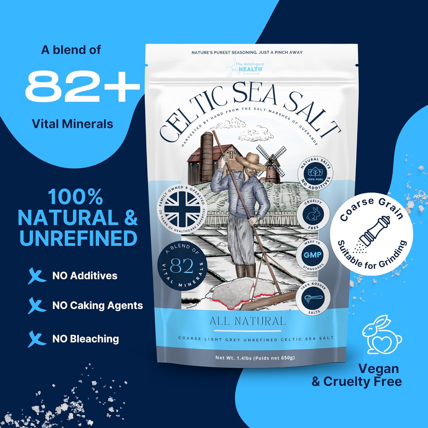 The Intelligent Health - Celtic Sea Salt, Premium Organic, Rich in 82+ Minerals,Unrefined and Hand-Harvested from France, Fine & Coarse Crystals, 100% Kosher, Pure and Natural - 650g-2