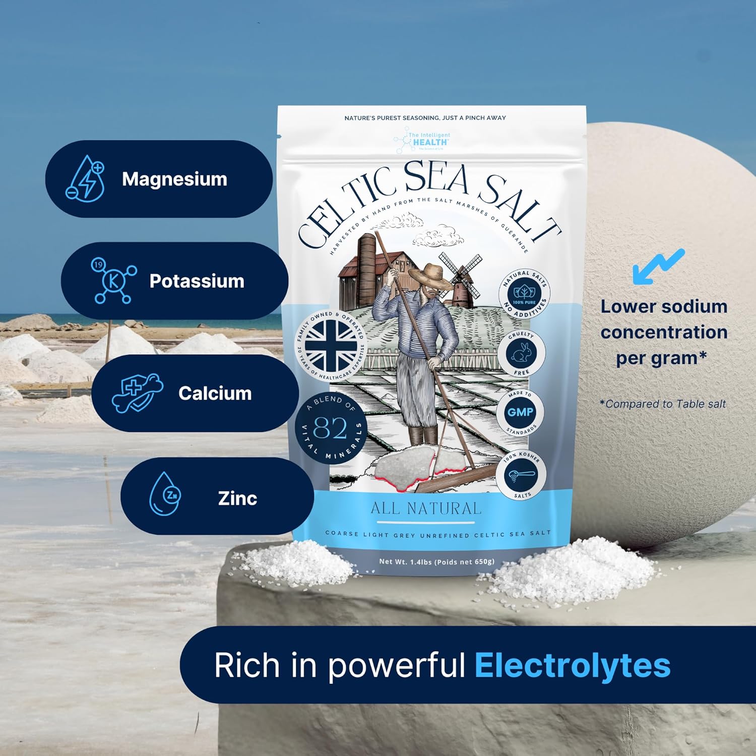 The Intelligent Health - Celtic Sea Salt, Premium Organic, Rich in 82+ Minerals,Unrefined and Hand-Harvested from France, Fine & Coarse Crystals, 100% Kosher, Pure and Natural - 650g-3