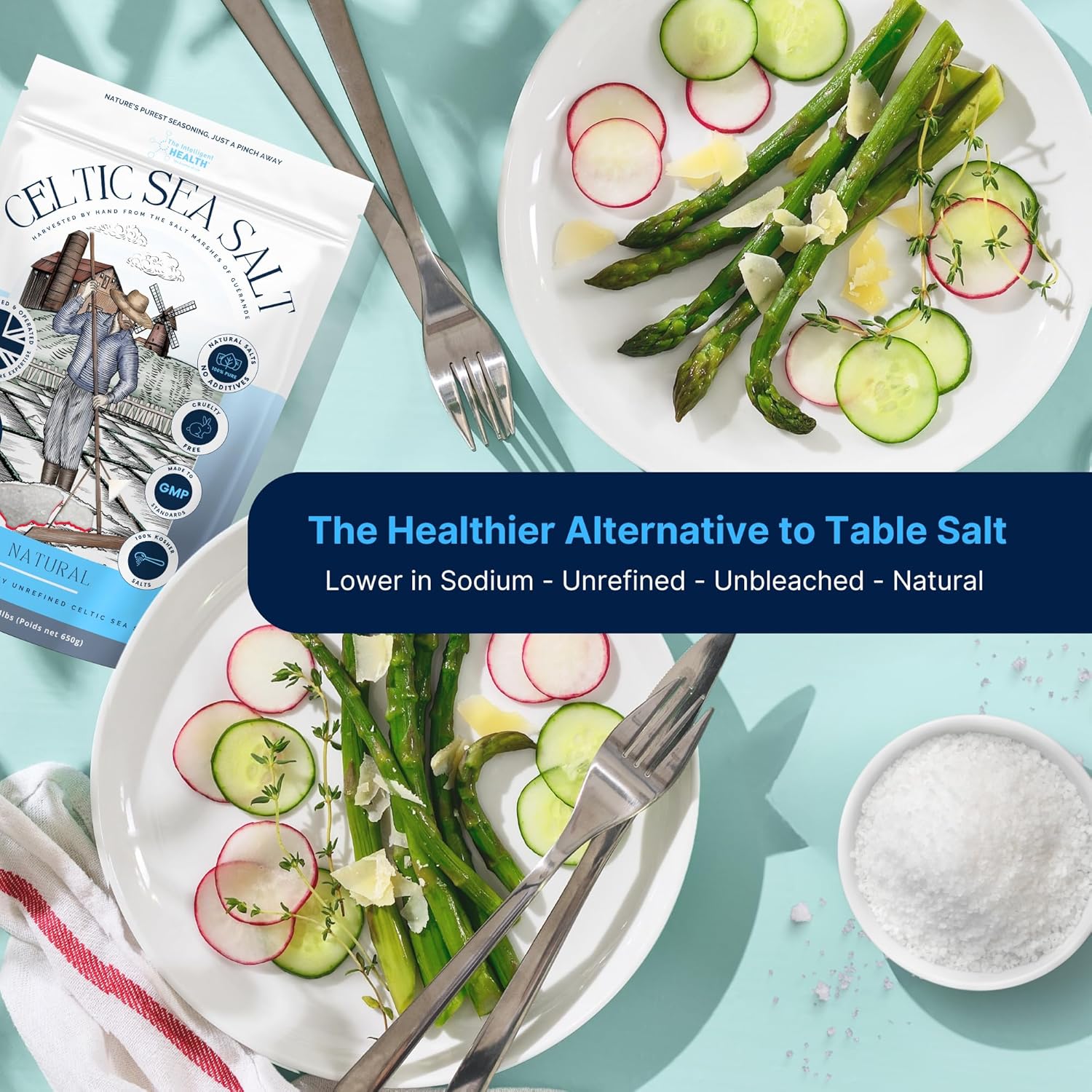 The Intelligent Health - Celtic Sea Salt, Premium Organic, Rich in 82+ Minerals,Unrefined and Hand-Harvested from France, Fine & Coarse Crystals, 100% Kosher, Pure and Natural - 650g-4