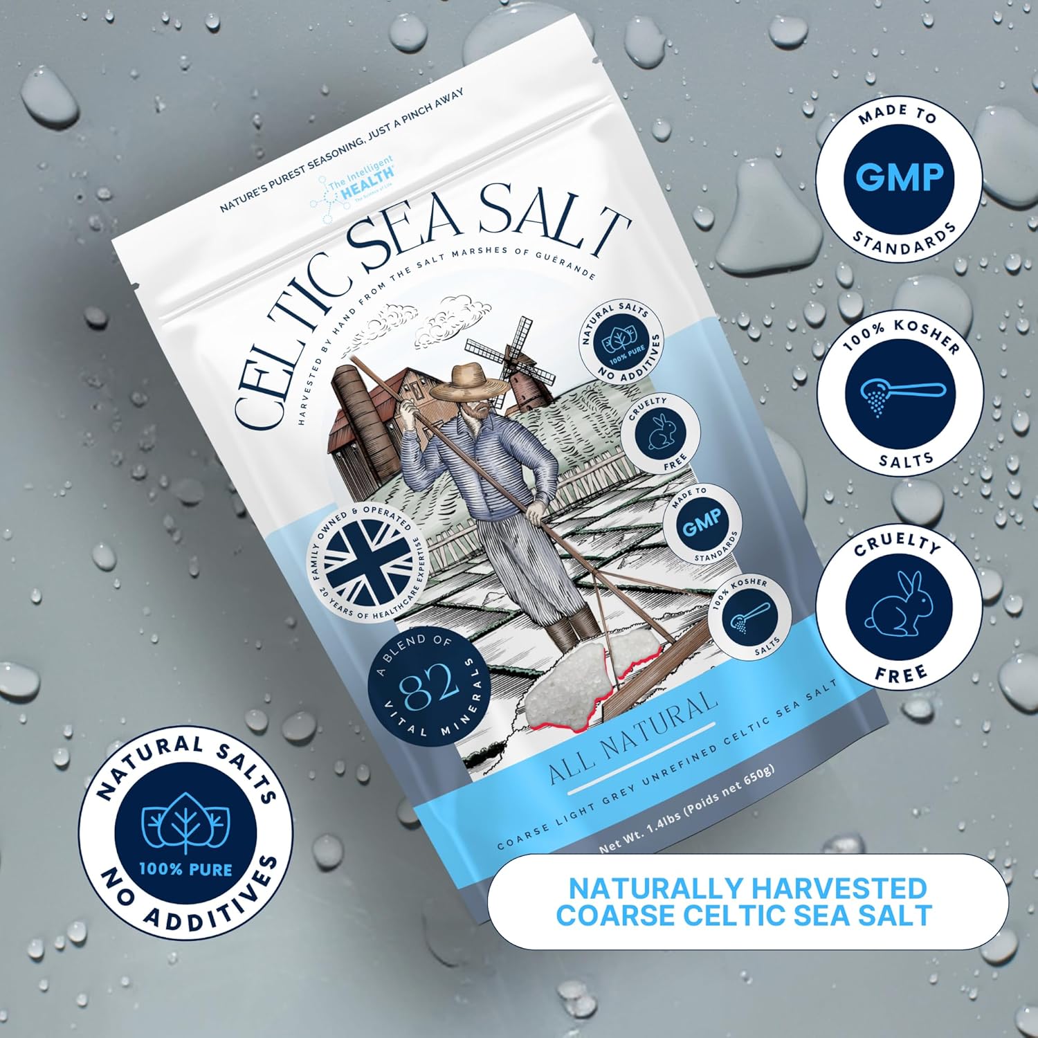 The Intelligent Health - Celtic Sea Salt, Premium Organic, Rich in 82+ Minerals,Unrefined and Hand-Harvested from France, Fine & Coarse Crystals, 100% Kosher, Pure and Natural - 650g-6