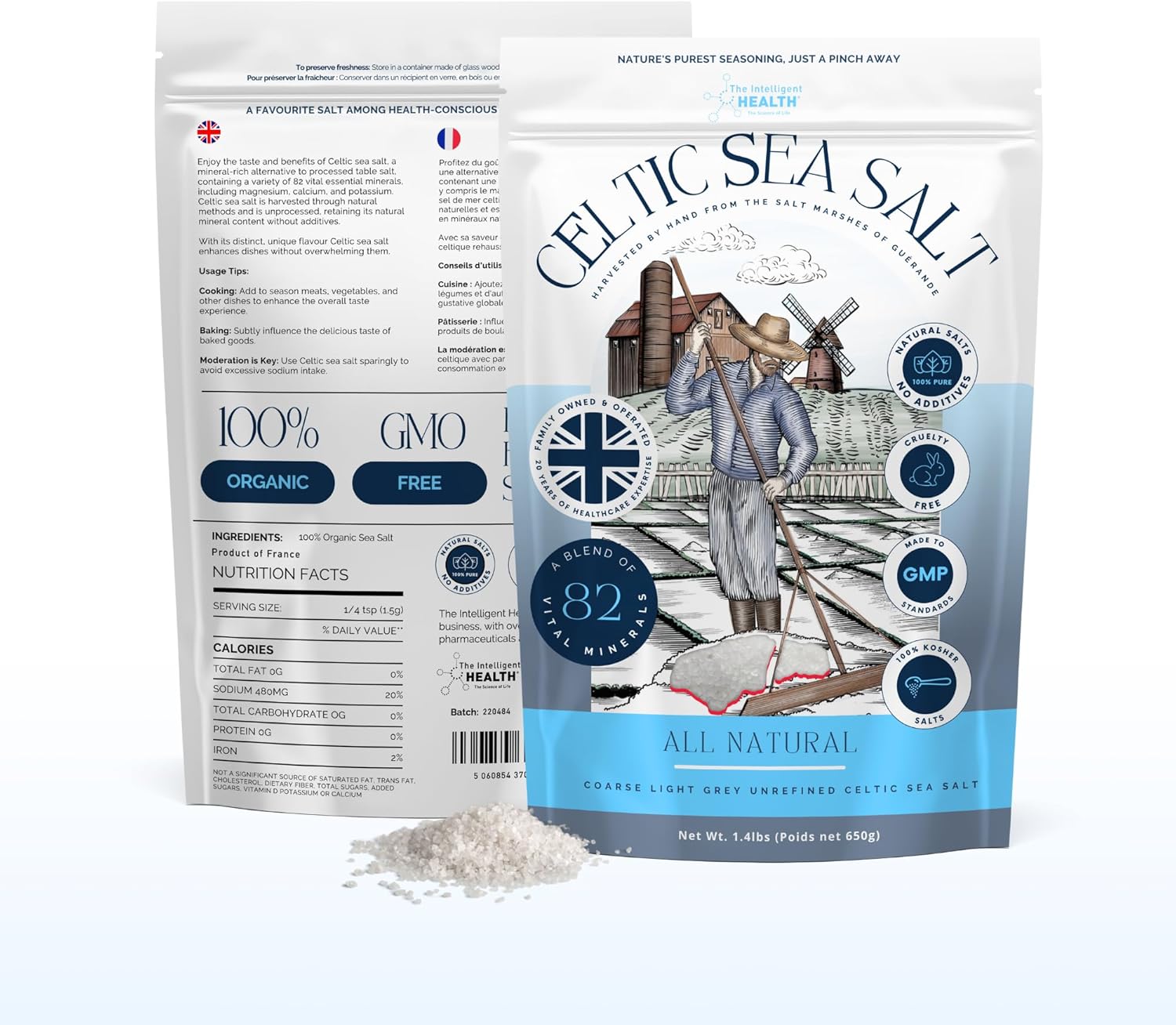 The Intelligent Health - Celtic Sea Salt, Premium Organic, Rich in 82+ Minerals,Unrefined and Hand-Harvested from France, Fine & Coarse Crystals, 100% Kosher, Pure and Natural - 650g-8