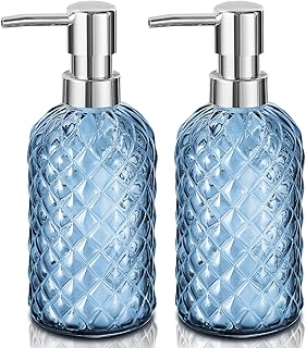 GMISUN Glass Soap Dispenser Diamond Style Hand and Dish Soap Dispenser Bottle with Pump, Refillable Liquid Soap Dispensers for Kitchen and Bathroom - Blue