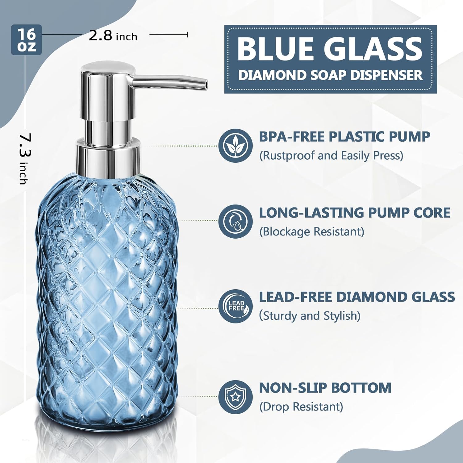 GMISUN Glass Soap Dispenser Diamond Style Hand and Dish Soap Dispenser Bottle with Pump, Refillable Liquid Soap Dispensers for Kitchen and Bathroom - Blue-1