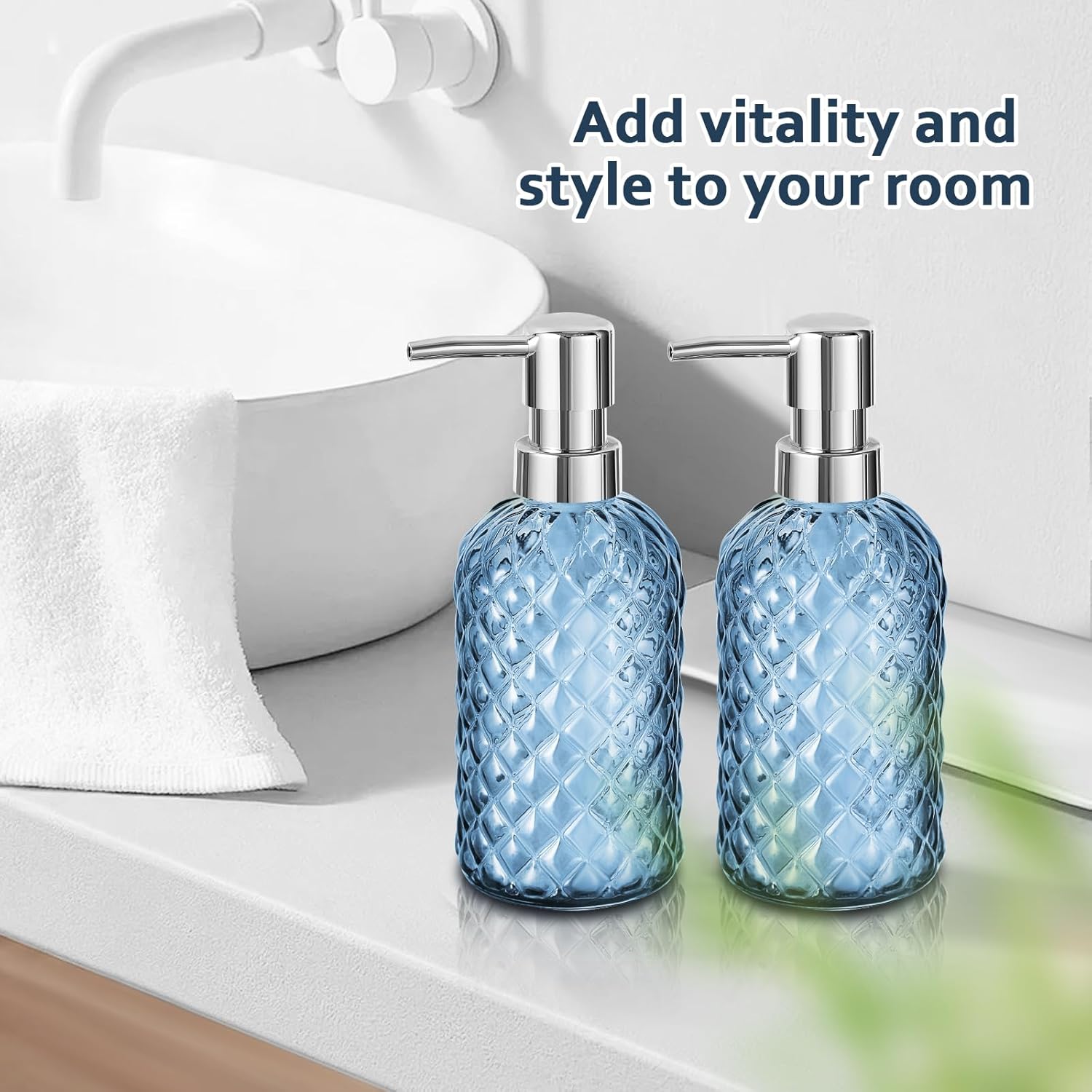 GMISUN Glass Soap Dispenser Diamond Style Hand and Dish Soap Dispenser Bottle with Pump, Refillable Liquid Soap Dispensers for Kitchen and Bathroom - Blue-3