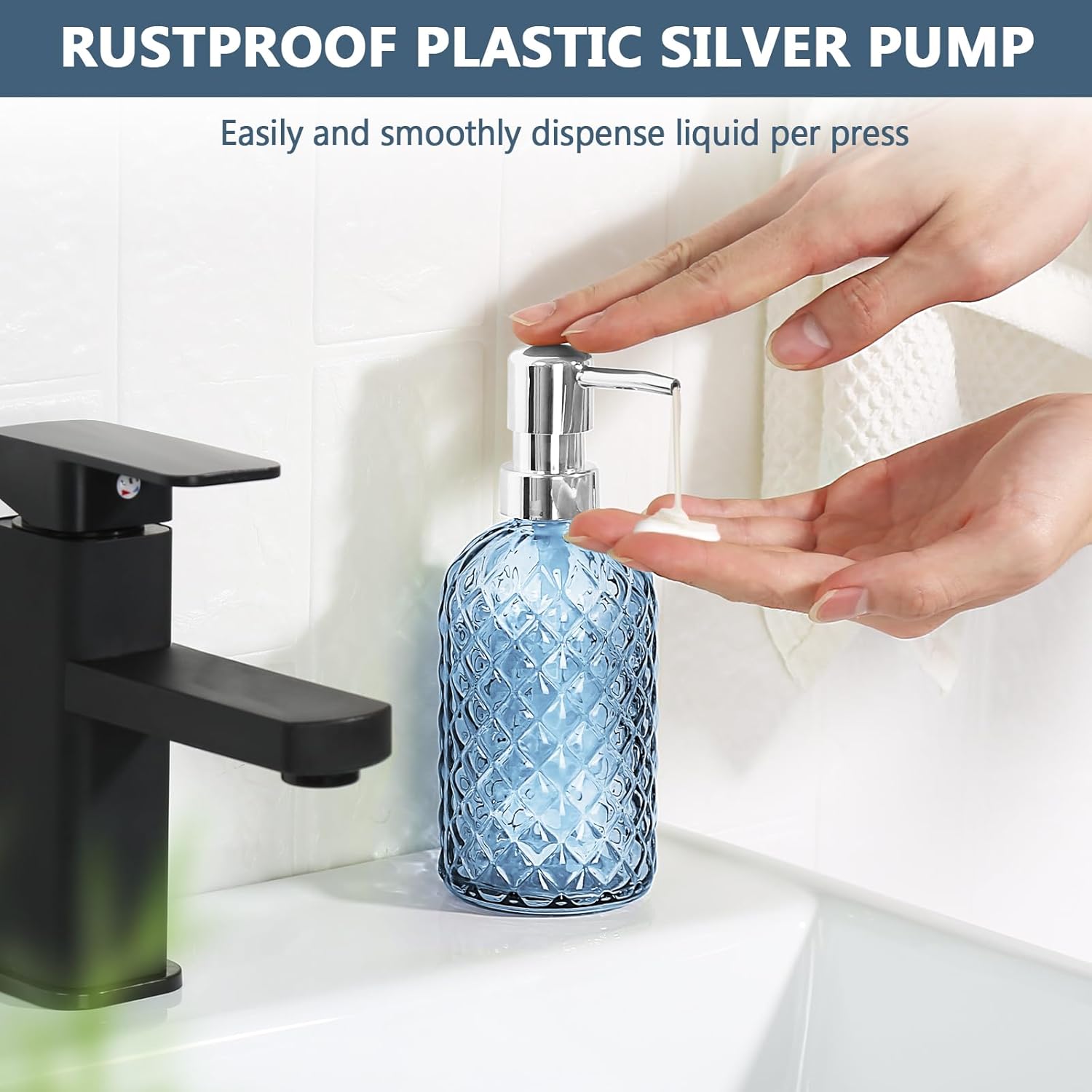 GMISUN Glass Soap Dispenser Diamond Style Hand and Dish Soap Dispenser Bottle with Pump, Refillable Liquid Soap Dispensers for Kitchen and Bathroom - Blue-4