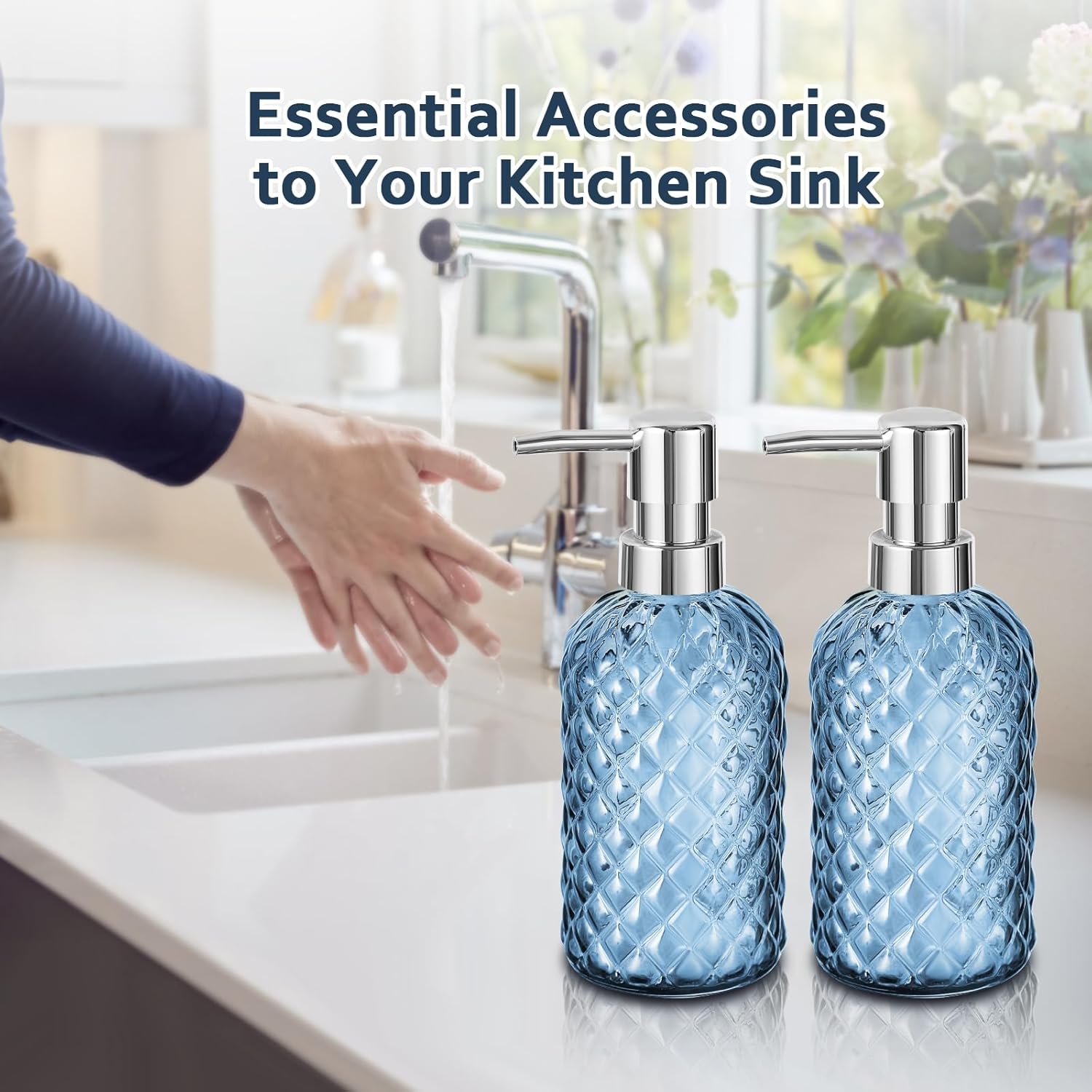 GMISUN Glass Soap Dispenser Diamond Style Hand and Dish Soap Dispenser Bottle with Pump, Refillable Liquid Soap Dispensers for Kitchen and Bathroom - Blue-5