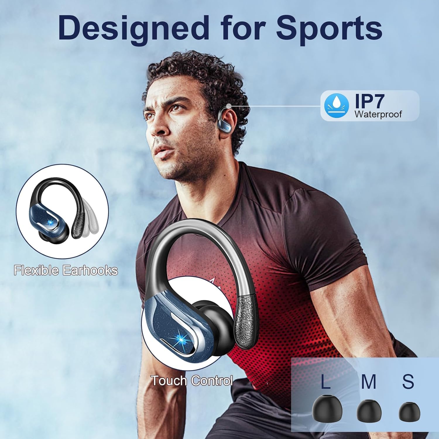 Wireless Earbuds, 75H Bluetooth 5.4 Headphones Sport with ENC Mic, Stereo Noise Cancelling Ear Buds, Wireless Headphones with Earhooks, LED Display, IP7 Waterproof Bluetooth Earphones for Running Blue-3