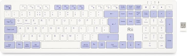 Rii RK208 2.4Ghz Wireless Keyboard, Rechargeable Full Size Office Keyboard with Numeric Keypad and Media Hotkey, 110 Keys, UK Layout, Compatible with Windows PC, Laptop, Mac, White and Purple