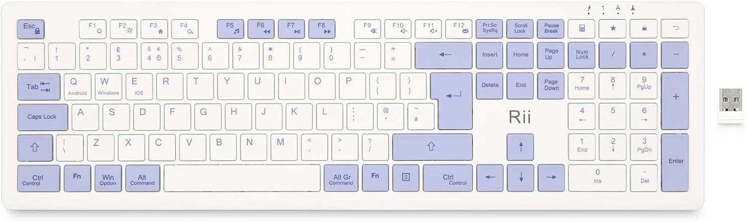 Rii RK208 2.4Ghz Wireless Keyboard, Rechargeable Full Size Office Keyboard with Numeric Keypad and Media Hotkey, 110 Keys, UK Layout, Compatible with Windows PC, Laptop, Mac, White and Purple-0