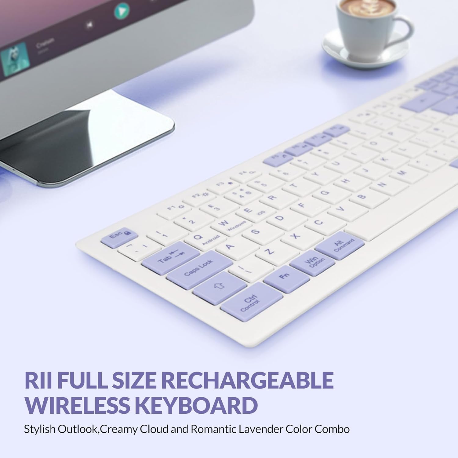 Rii RK208 2.4Ghz Wireless Keyboard, Rechargeable Full Size Office Keyboard with Numeric Keypad and Media Hotkey, 110 Keys, UK Layout, Compatible with Windows PC, Laptop, Mac, White and Purple-1