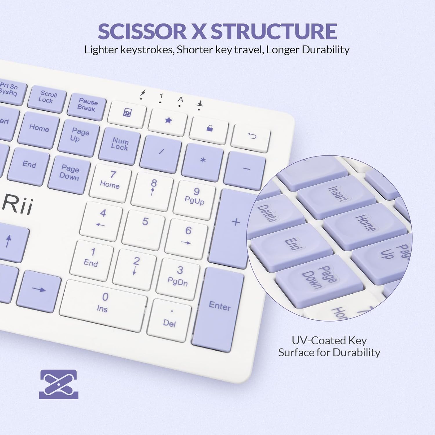 Rii RK208 2.4Ghz Wireless Keyboard, Rechargeable Full Size Office Keyboard with Numeric Keypad and Media Hotkey, 110 Keys, UK Layout, Compatible with Windows PC, Laptop, Mac, White and Purple-4