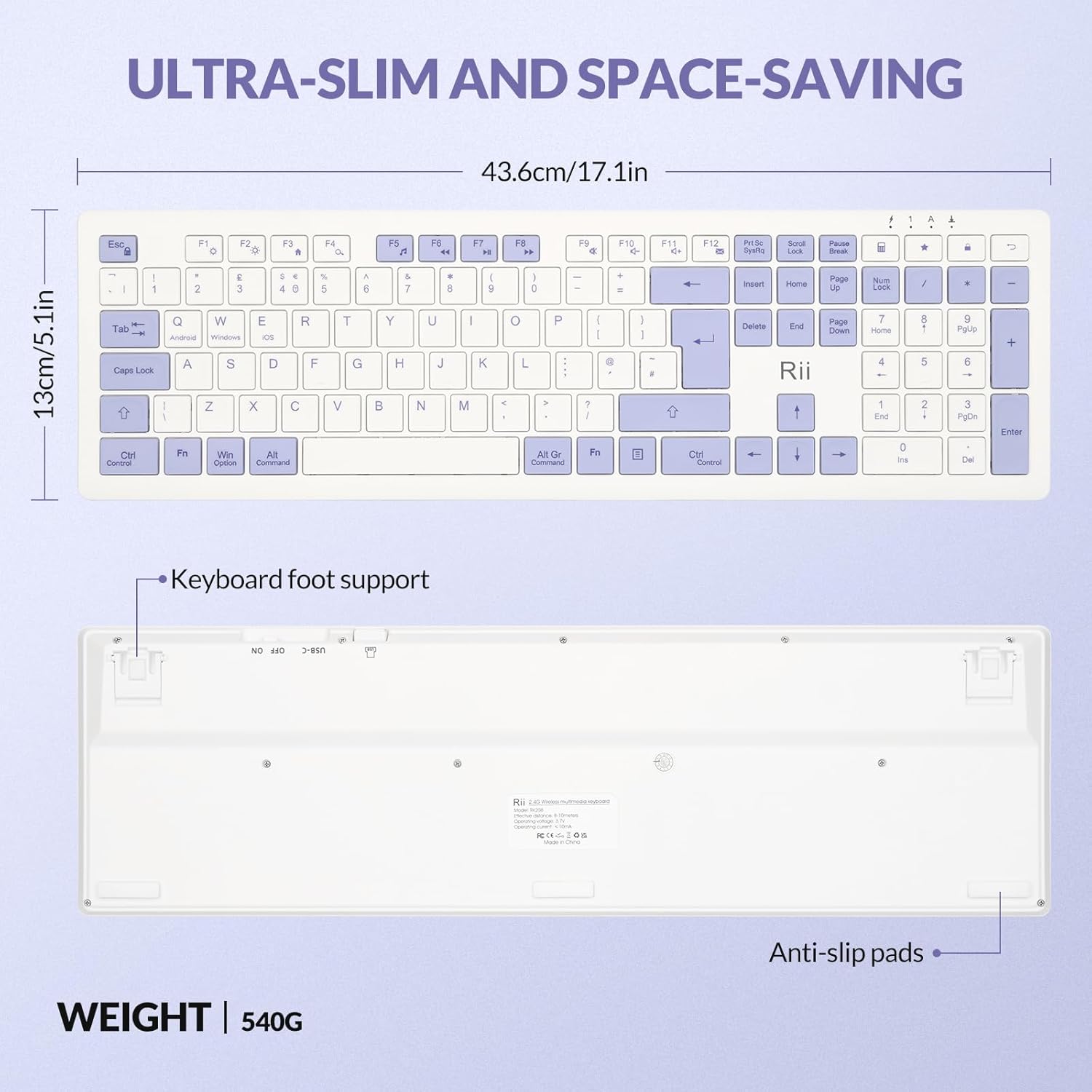 Rii RK208 2.4Ghz Wireless Keyboard, Rechargeable Full Size Office Keyboard with Numeric Keypad and Media Hotkey, 110 Keys, UK Layout, Compatible with Windows PC, Laptop, Mac, White and Purple-5