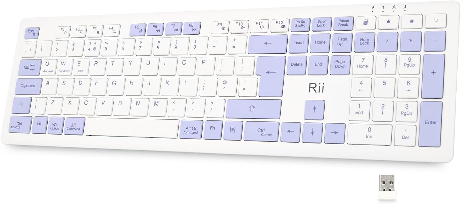 Rii RK208 2.4Ghz Wireless Keyboard, Rechargeable Full Size Office Keyboard with Numeric Keypad and Media Hotkey, 110 Keys, UK Layout, Compatible with Windows PC, Laptop, Mac, White and Purple-6