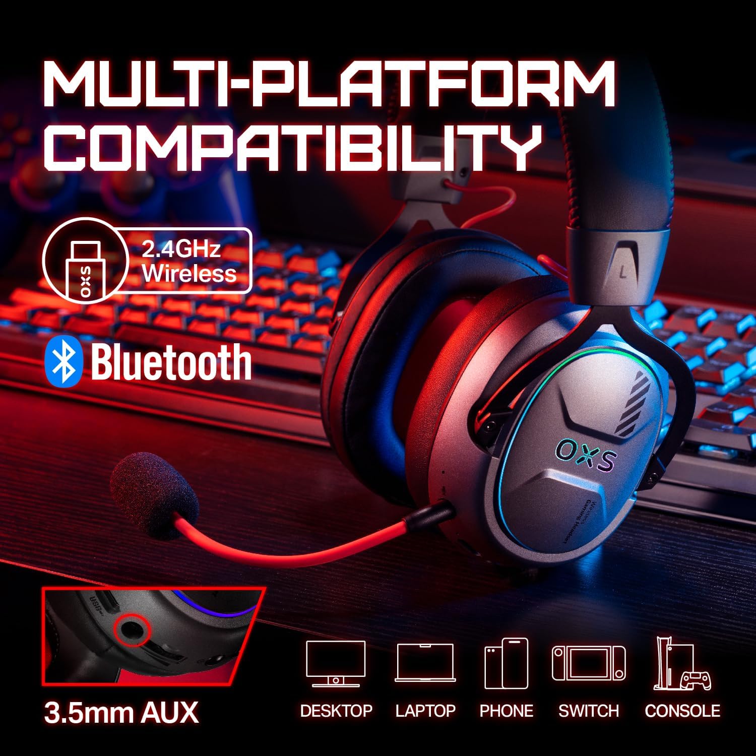 OXS Storm G2 Wireless Gaming Headset, 7.1 Virtual Surround Sound, 3 EQ Modes, 2.4GHz Low Latency, 50mm Driver, 40H Playtime, RGB Light,Bluetooth 5.3, Compatible with PC, Console, Mobile, Black-4