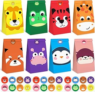 Koogel 24PCS Animal Party Favour Bags, Goodie Bags with Stickers Paper Gift Bags Candy Treat Bags for Kids Birthday Party Supplies