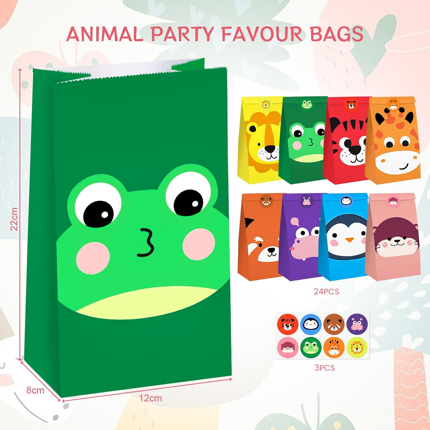 Koogel 24PCS Animal Party Favour Bags, Goodie Bags with Stickers Paper Gift Bags Candy Treat Bags for Kids Birthday Party Supplies-1