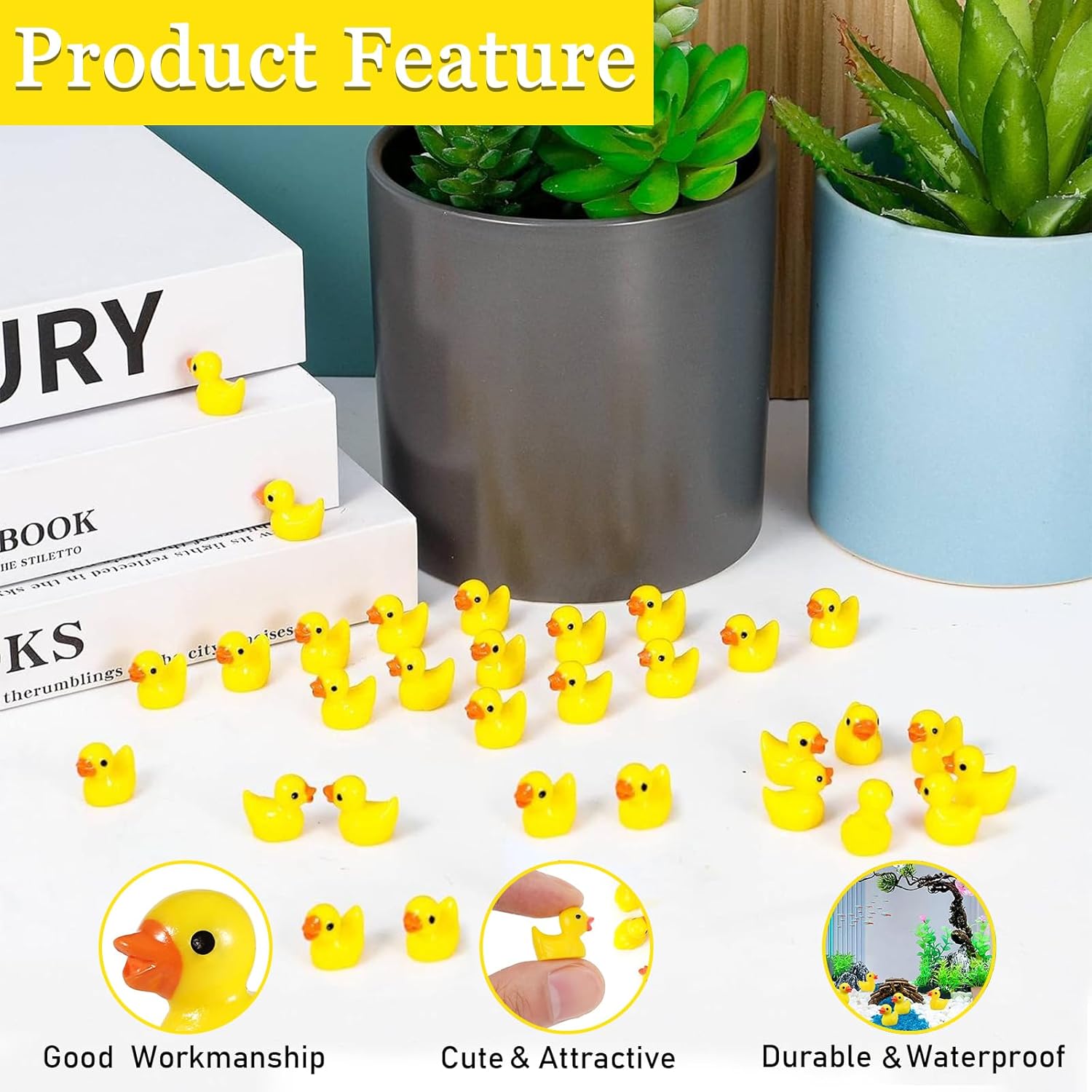 About 100Pcs Mini Resin Ducks, Mini Rubber Ducks Ornaments, Miniature Realistic Shape Tiny Duck Toys, Baby Bath Toy Small Plastic Ducks for Party Aquariums, Dollhouses Potted Decoration (Yellow)-3