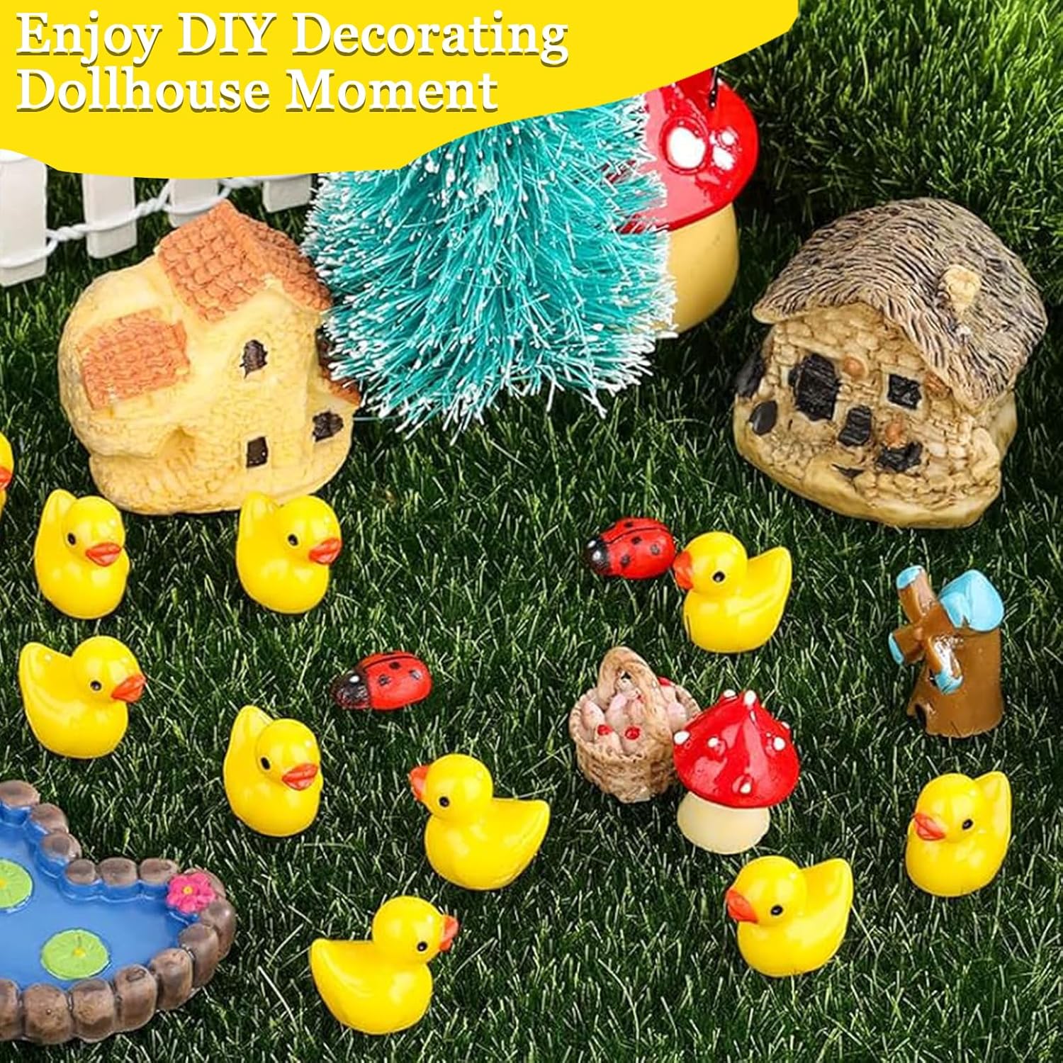 About 100Pcs Mini Resin Ducks, Mini Rubber Ducks Ornaments, Miniature Realistic Shape Tiny Duck Toys, Baby Bath Toy Small Plastic Ducks for Party Aquariums, Dollhouses Potted Decoration (Yellow)-4