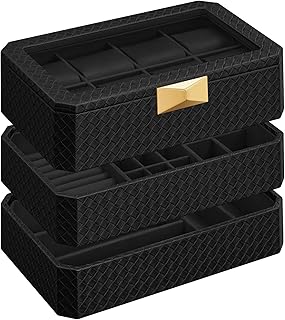 SONGMICS HOME RONNE Collection - 8-Slot Watch Box, 3-Tier Stackable Watch Case, Woven Embossed PU Leather, Floating Effect, Gift Idea, Ink Black Surface, Ink Black Lining JWB021B01