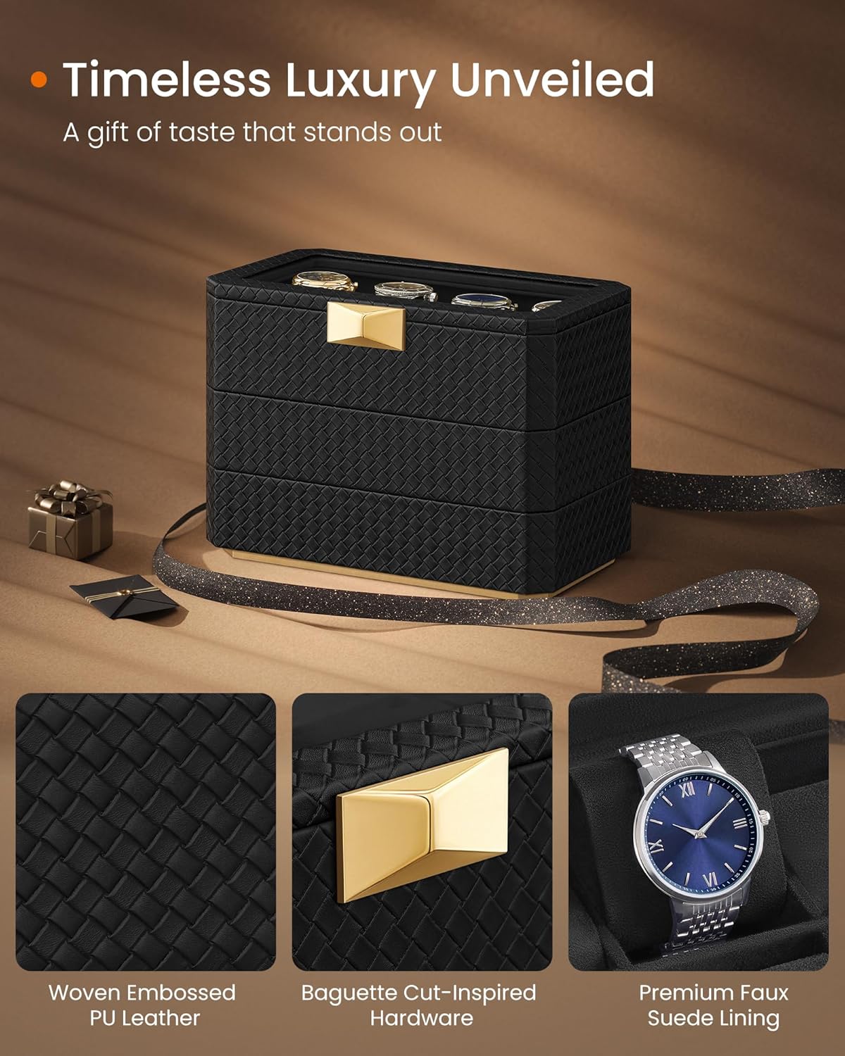 SONGMICS HOME RONNE Collection - 8-Slot Watch Box, 3-Tier Stackable Watch Case, Woven Embossed PU Leather, Floating Effect, Gift Idea, Ink Black Surface, Ink Black Lining JWB021B01-2