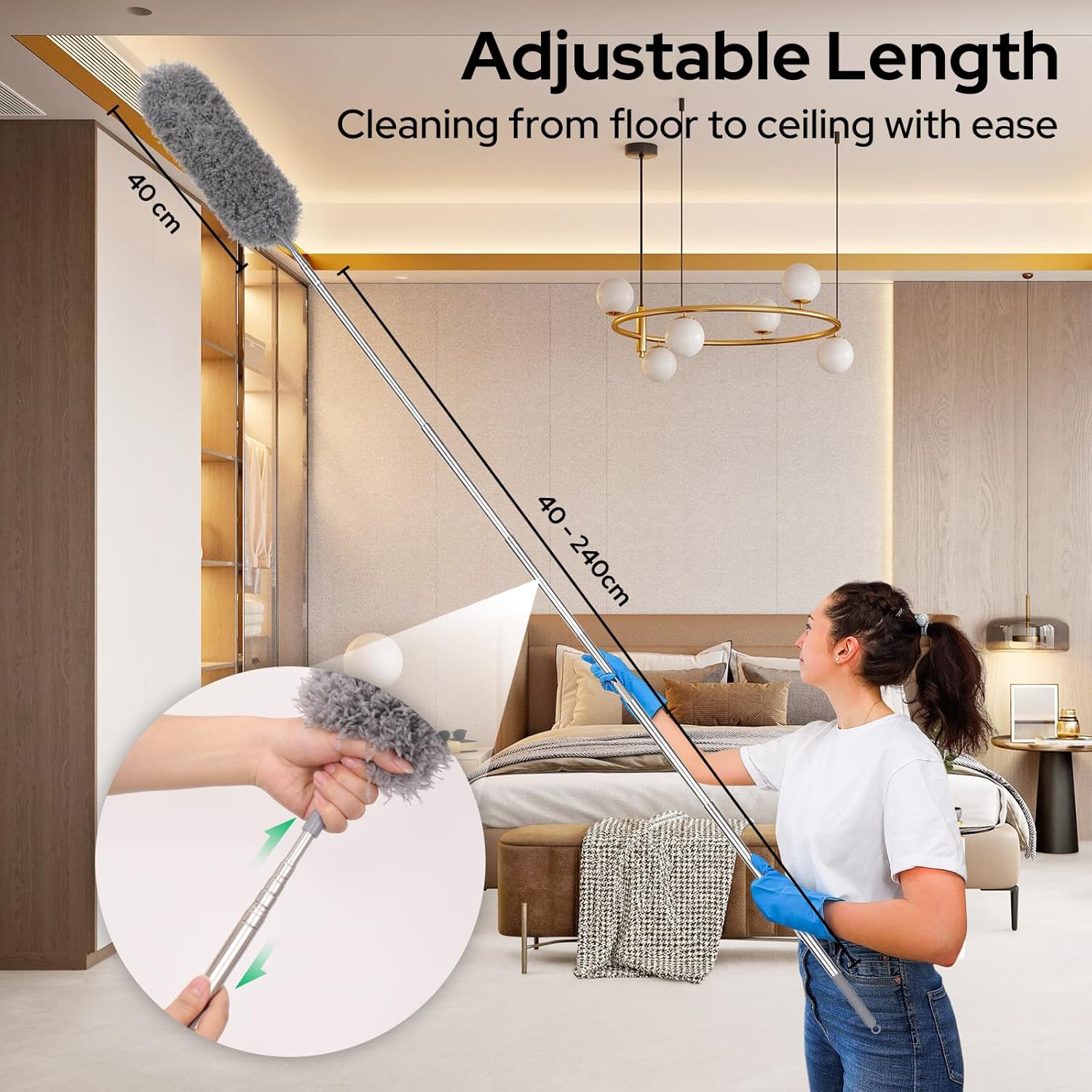 Oamwrae Feather Duster Extendable, Microfiber Long Handled Duster with 40-240 cm Telescopic Pole and Groove Cleaning Brush, for Ceilings, Cars, Household Cleaning-1