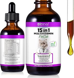 Cat Multivitamins Liquid, 15 in 1 Cat Vitamins Promotes Healthy Skin & Coat, Joint, Immune Support, Longevity & More, Vitamins for Cats, with Glucosamine & Cranberry 2 oz