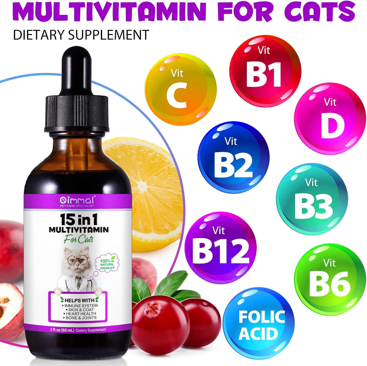 Cat Multivitamins Liquid, 15 in 1 Cat Vitamins Promotes Healthy Skin & Coat, Joint, Immune Support, Longevity & More, Vitamins for Cats, with Glucosamine & Cranberry 2 oz-2