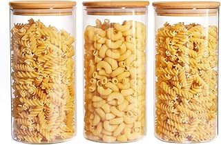 MEETOZ Set of 3 Glass Food Storage Jars, 34oz Food Containers with Airtight Wooden Lids for Nuts, Coffee Beans, Sugar, Flour, Glass Canisters for Kitchen, Pantry Organization and Storage, BPA Free