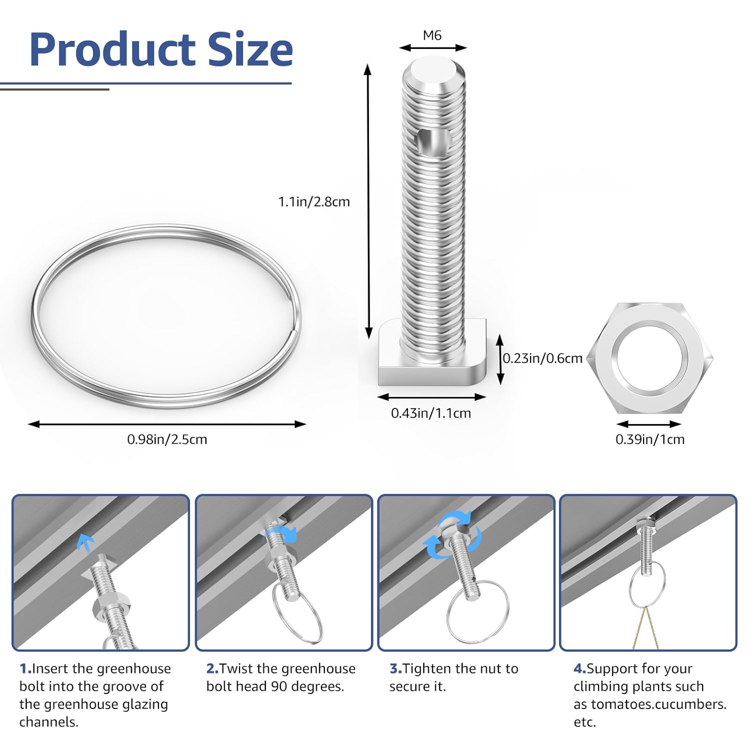 20-Pack Cropped Head Greenhouse Bolt and Ring Sets, Create Tying Points Accessories, Aluminium Bolts, Stainless Steel Nut-3