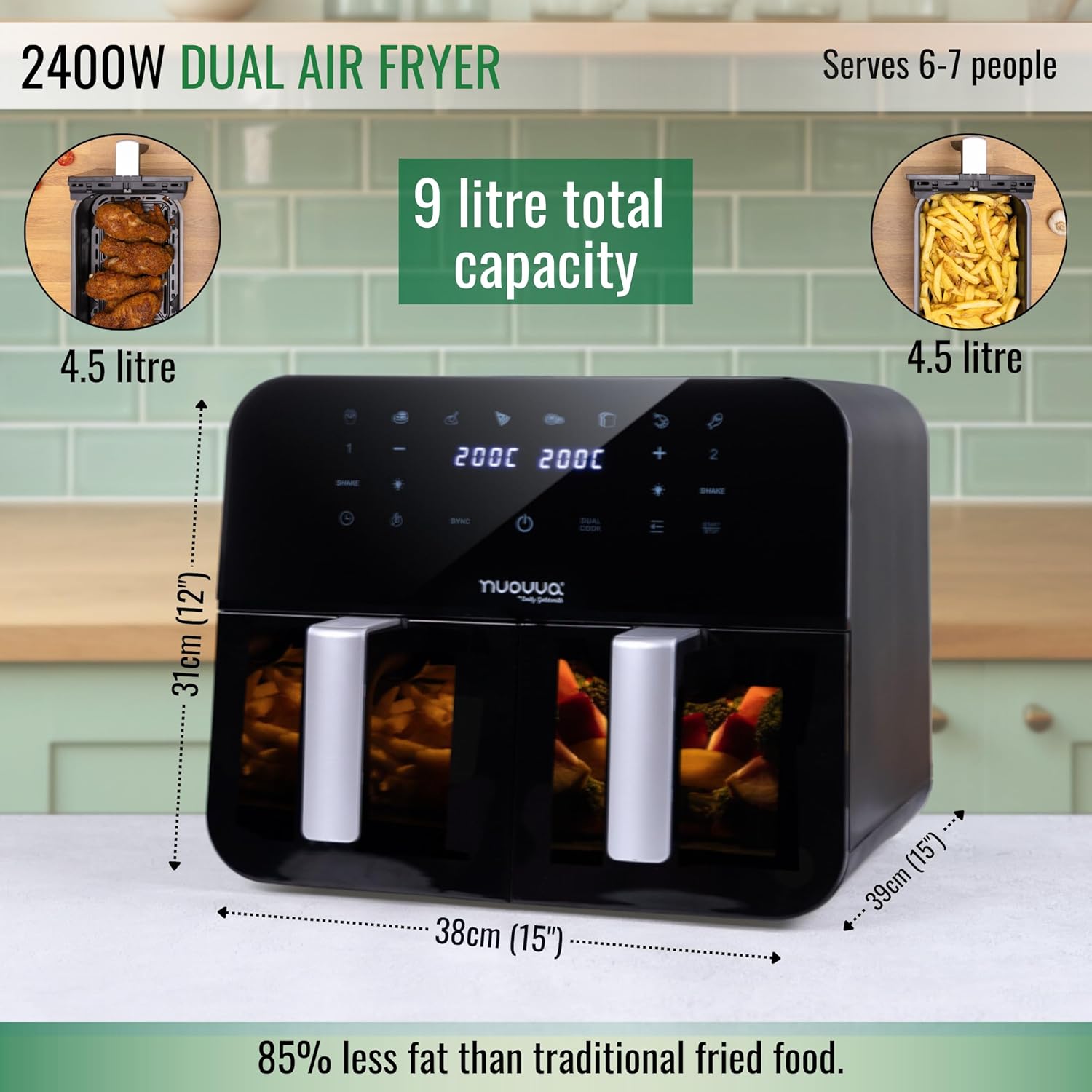 Kitchen Air Fryer Oven – Energy Saving Dual Compartment Air Fryer – 12 Cooking Presets For Convenient Operation – Oil Free Healthy Cooking – Touch Screen Display – 9L, 2400W – by Nuovva-2