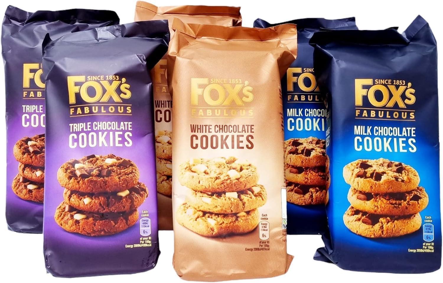 Fox's Fabulous cookies 6 x 180g, Three mix luxury varities of Milk, Triple & White chocolate Biscuits for special Occasions, Supreme gift to share with friends and family Snack Value Pack-0