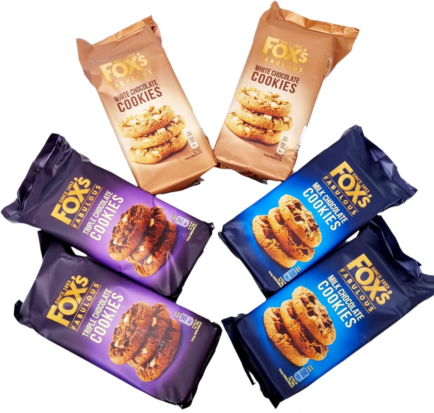 Fox's Fabulous cookies 6 x 180g, Three mix luxury varities of Milk, Triple & White chocolate Biscuits for special Occasions, Supreme gift to share with friends and family Snack Value Pack-1