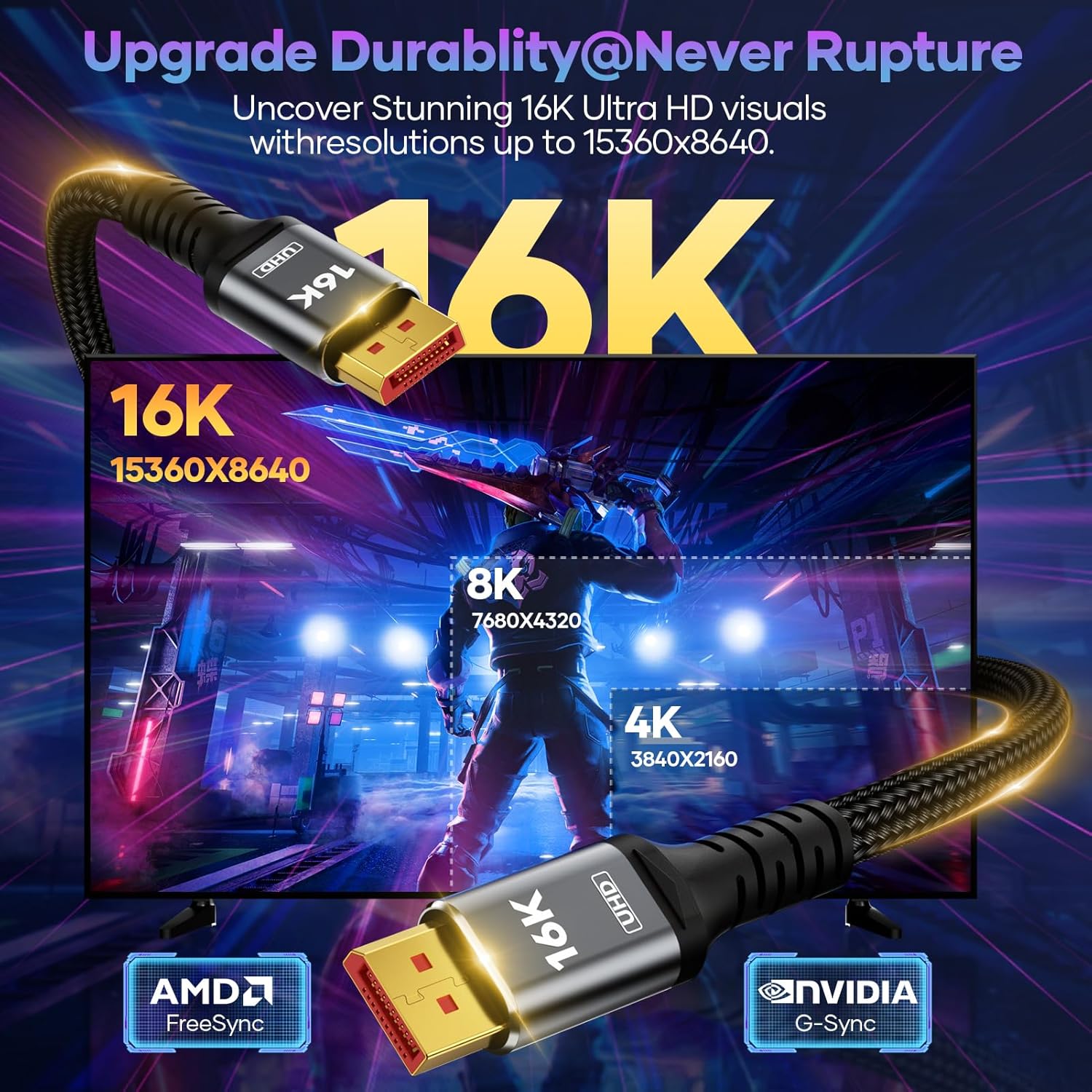 ATETEO VESA Certified 16K Displayport Cable 2.1, DP to DP Cable 1M [16K@60Hz, 8K@120Hz, 4K@240Hz 165Hz 144Hz] Support 80Gbps HDR, HDCP DSC 1.2a, Compatible FreeSync G-Sync Gaming Monitor 4090 7900xtx-3