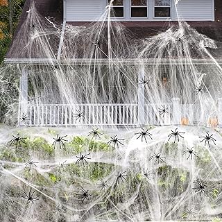 sanjianke-fs 1500FT Halloween Spider Web Decoration, 300g Spooky Stretchable Cobwebs with 60pcs Plastic Fake Spiders Halloween Decor,Hocus Pocus Halloween Props For Door Yard Home Garden Party